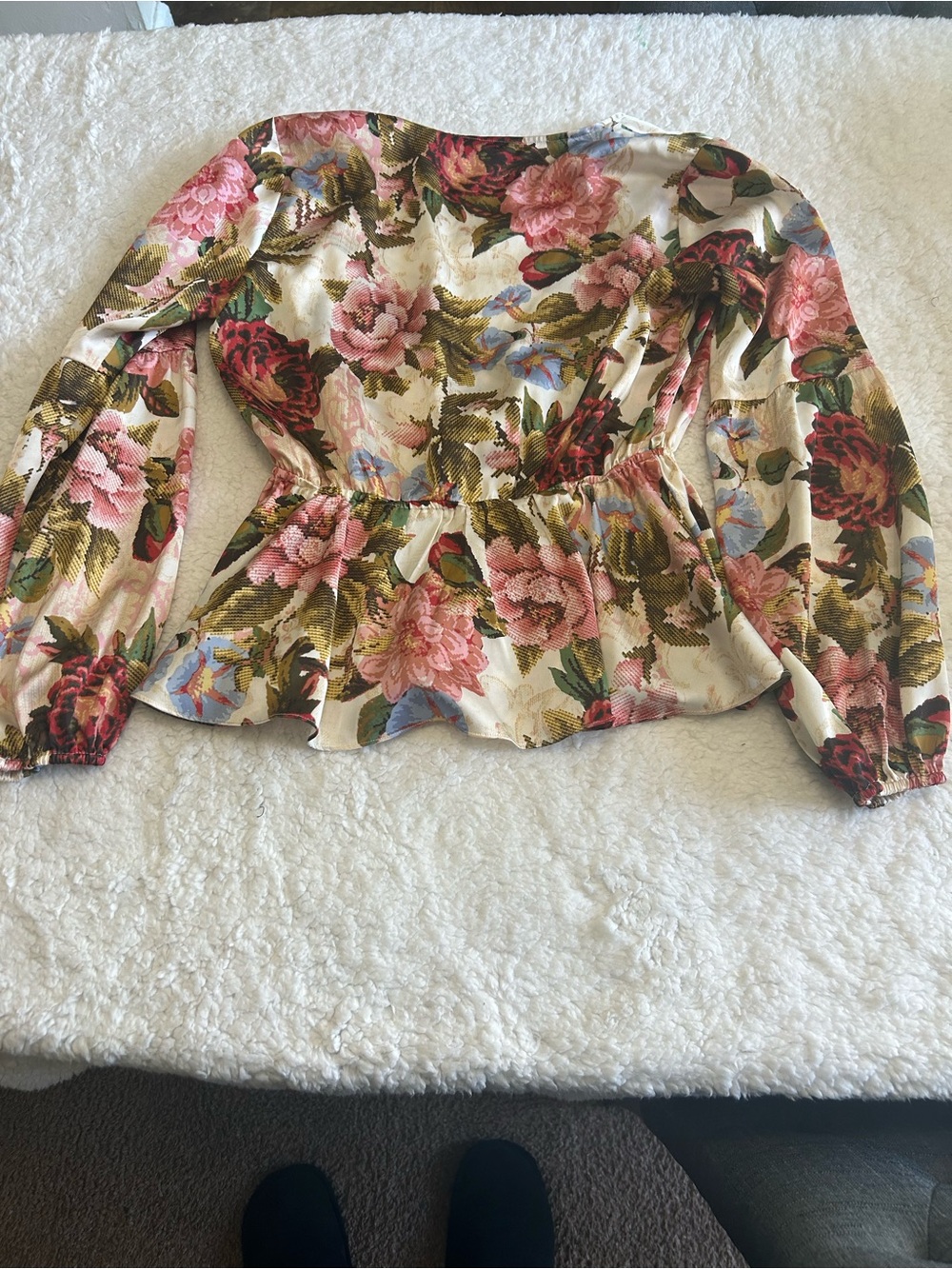 Guess Floral V-Neck Peplum Blouse - Pink, Green, Blue - Picture 7 of 7
